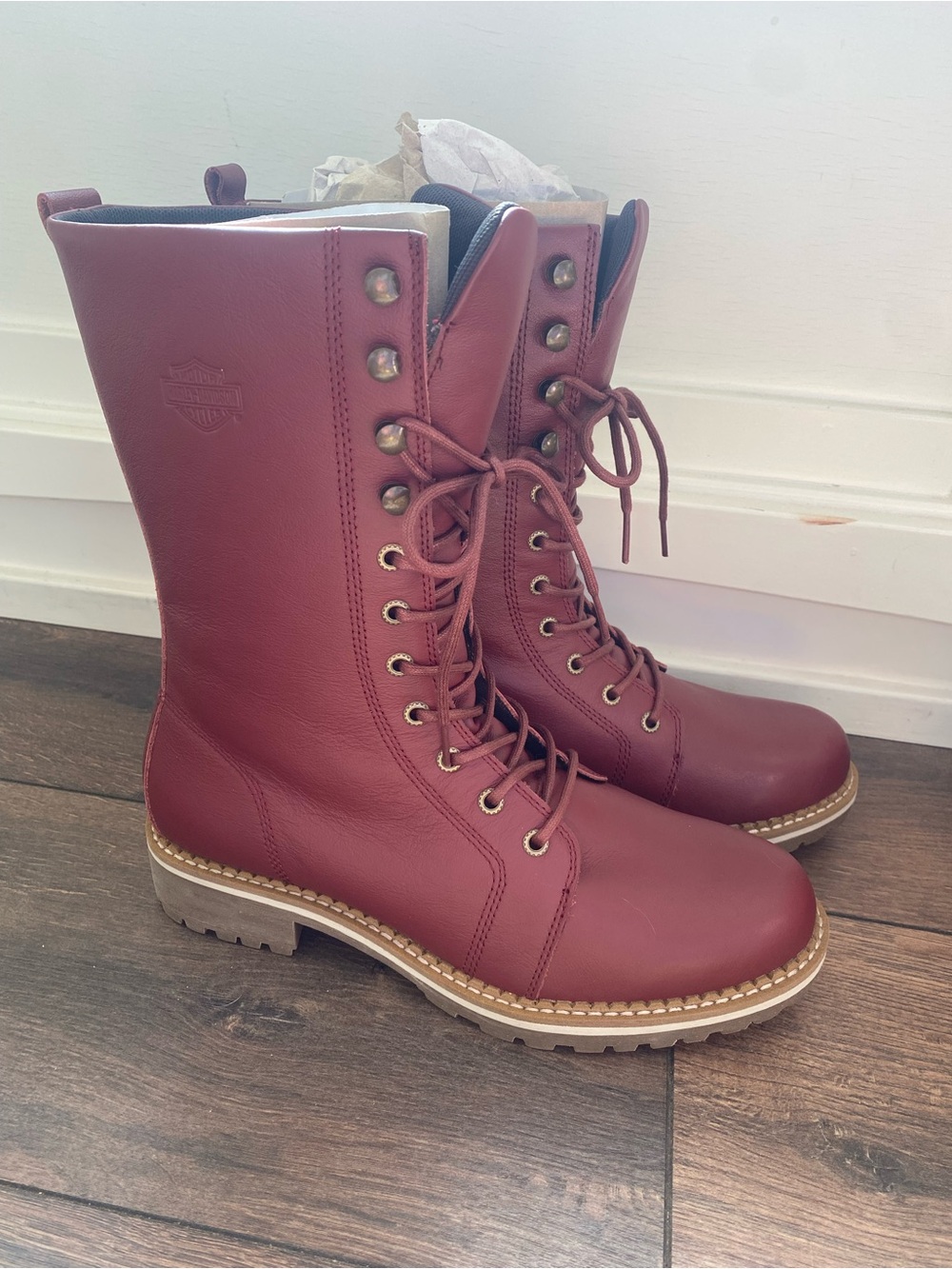Harley Davidson Womens 9M Burgundy Red Leather Tall Lace Up Moto Boots 481.2 NWO